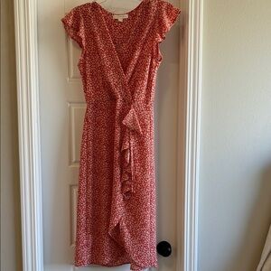 Flutter Sleeve Orange Floral Wrap Midi Dress